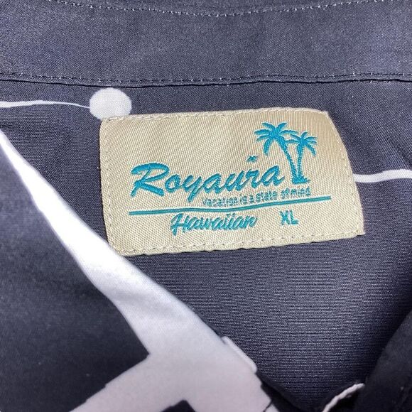 Royaura Hawaiian Shirt Men XL Black White Retro 50s Pocket Short Sleeve Button - Picture 7 of 8